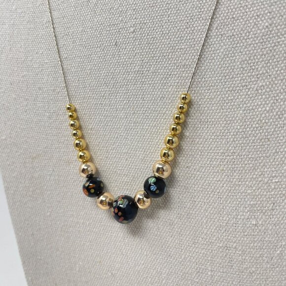Murano Glass Millefiori Bead Necklace Long Black Gold-Tone Dainty Simple Minimal - Picture 4 of 9